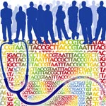 Silhouettes of people with nucleic acid sequences and a stethoscope.