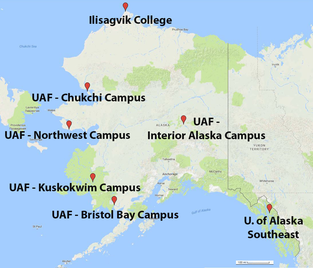 University of Alaska, Fairbanks (UAF) Biomedical Learning and Student Training (BLaST) program sites: Ilisagvik College; UAF-Chukchi Campus; UAF-Northwest Campus, UAF-Interior Alaska Campus; UAF-Kuskokwim Campus; UA Southeast; UAF - Bristol Bay Campus