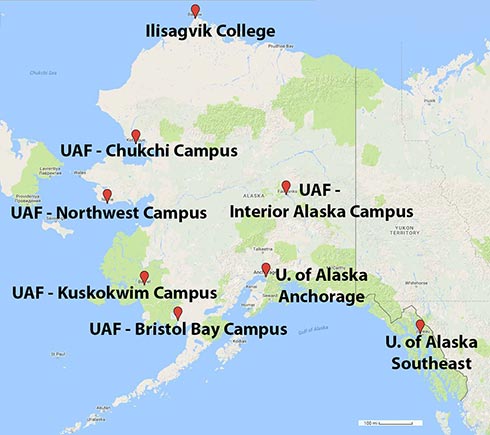 University of Alaska, Fairbanks (UAF) Biomedical Learning and Student Training (BLaST) program sites: Ilisagvik College; UAF-Chukchi Campus; UAF-Northwest Campus, UAF-Interior Alaska Campus; UAF-Kuskokwim Campus; UA Anchorage; UA Southeast; UAF - Bristol Bay Campus