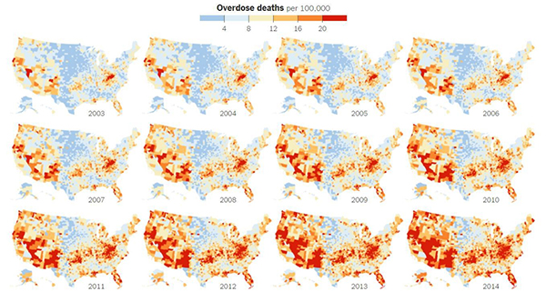 Heat maps of the U.S. for 2003 through 2014, showing overdose deaths per 100,000. The heat maps illustrate significant increase of deaths over the years, with deaths concentrated in western U.S. and parts of eastern U.S.