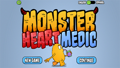 Still shot of the app's user screen, which reads Monster Heart Medic and shows a yellow monster drinking from a soda can, along with options to play a new game or to continue an ongoing game.