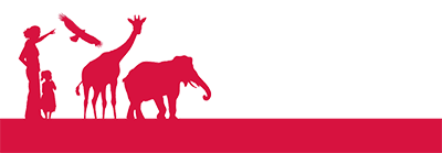 Red banner with silhouettes of a woman, young girl, eagle, giraffe, and elephant.