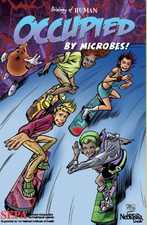 Cover of the graphic novel Occupied by Microbes!, showing four teens racing downhill on skateboards.