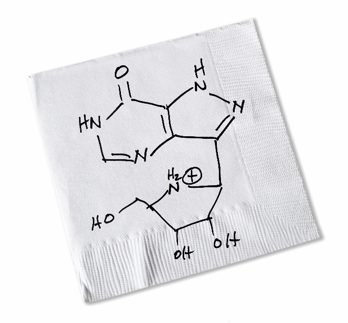 A paper napkin showing an ink drawing of single and double lines that connect chemical symbols of a molecule.