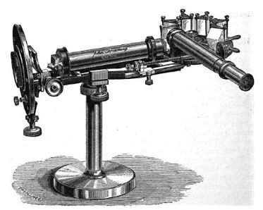 A black and white drawing of a tabletop device similar to a telescope.