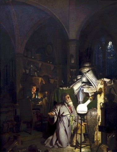 A painting of a man in a robe with a white beard kneeling in front of a glowing white flask in a dark room.