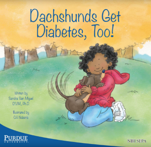 Cover of a picture book showing a child hugging a dog and the title, “Dachshunds Get Diabetes, Too!”