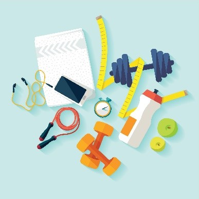 An illustration of dumbbells, a jump rope, a stopwatch, a measuring tape, a phone with earbuds, a water bottle, and two apples.