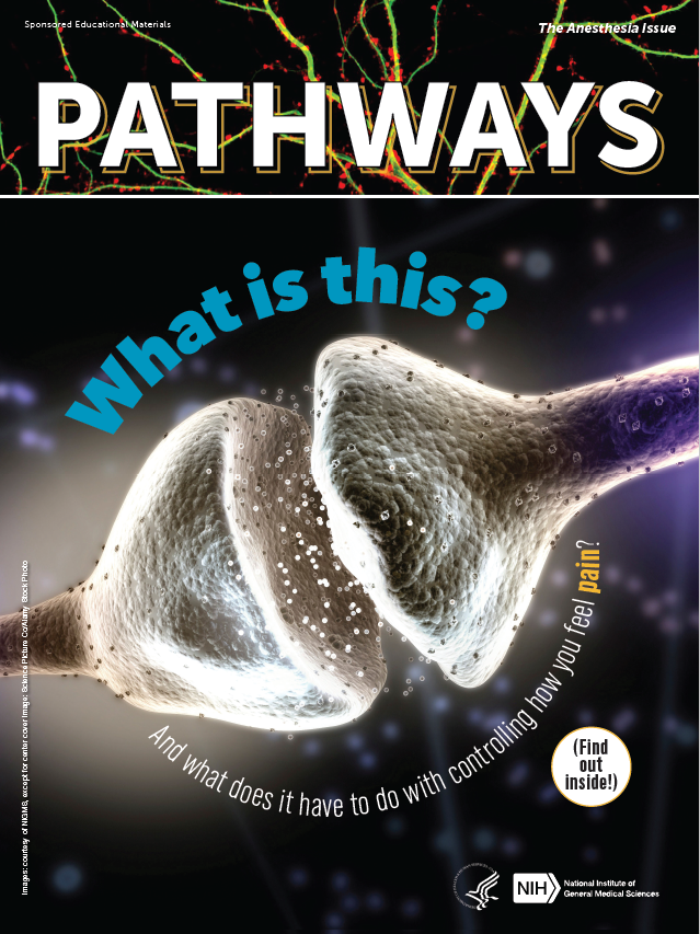 A magazine cover showing two mushroom-like structures with their wide ends facing each other and small particles between them. Text reads What is this? And what does it have to do with controlling how you feel pain? (Find out inside!).