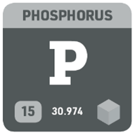 A square showing phosphorus’ abbreviation (P), atomic number (15), and atomic weight (30.974).