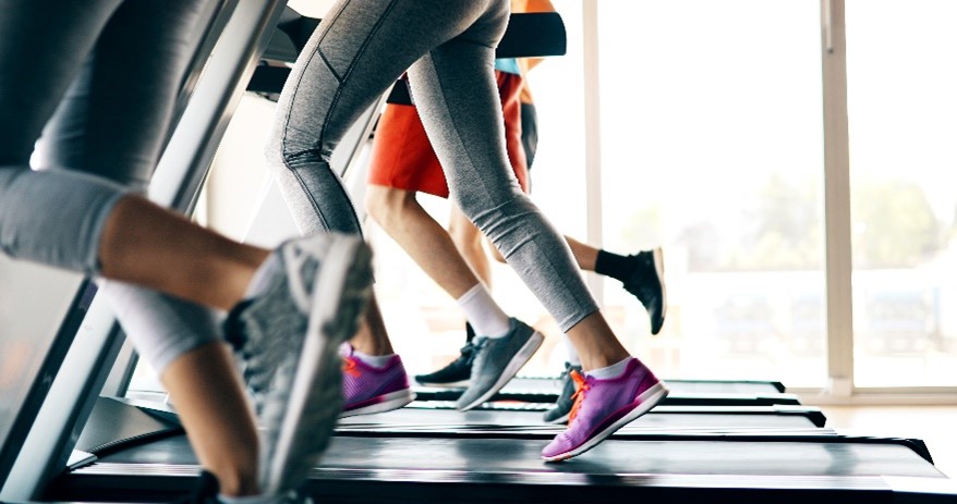 Several treadmills in a row with people running on them.