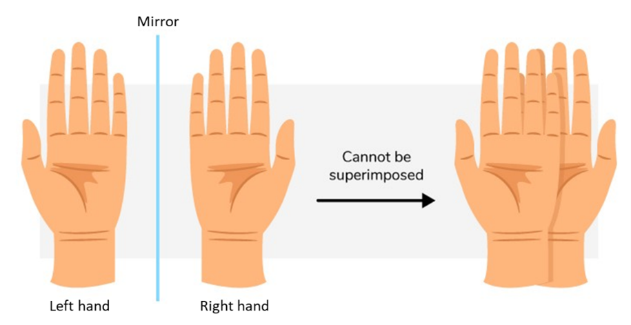 An image of a pair of hands, palms facing up. An arrow points to another image of the left hand on top of the right, both palms still facing up illustrating that they can’t be superimposed.