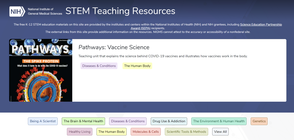 On a blue background, white text reads “Stem Teaching Resources” at the top, and images and descriptions from example curriculum materials are on the scroll bar. Below are all the labels for the various subject area categories.