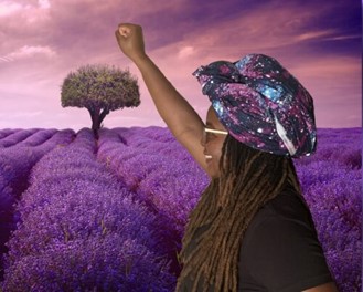 Akila Bryant standing in front of a purple field with one arm raised in a superhero pose.