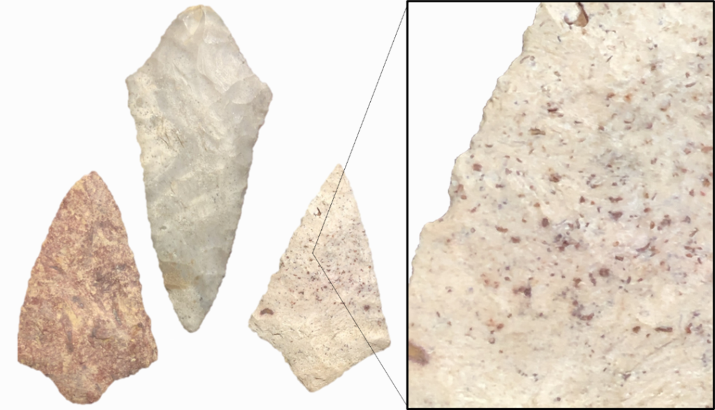 Three diamond-shaped arrowheads with broad, triangular points and short, contracting stems. 