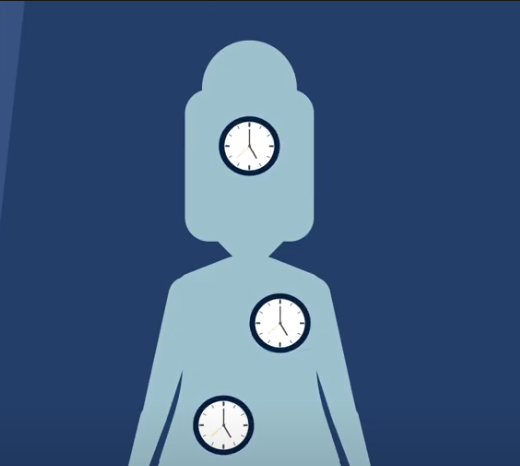 A human silhouette containing clocks throughout the head and body that are intended to represent circadian rhythms.