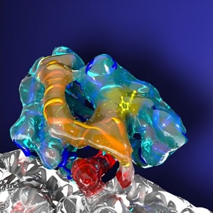 A twisted, blue crystalline structure with a small yellow molecule inside it.