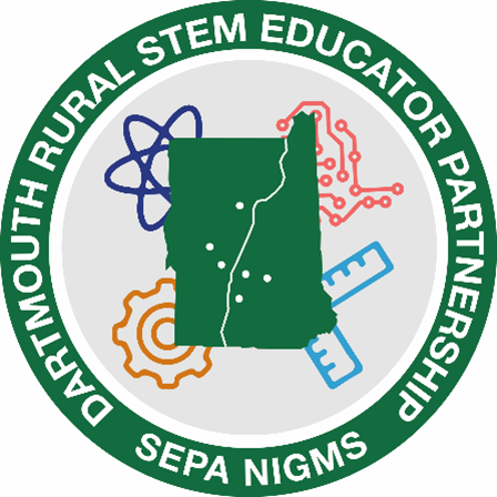 A circular logo showing an outline of Vermont and New Hampshire with scientific symbols at the four corners, surrounded by the words “Dartmouth Rural STEM Educator Partnership, SEPA NIGMS.”
