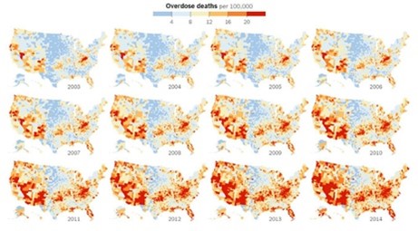 Heat maps of the U.S. for 2003 through 2014, showing overdose deaths per 100,000. The heat maps illustrate significant increase of deaths over the years, with deaths concentrated in western U.S. and parts of eastern U.S.