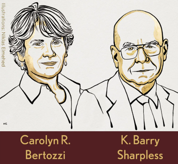 Sketches of Drs. Carolyn R. Bertozzi and K. Barry Sharpless above their printed names.