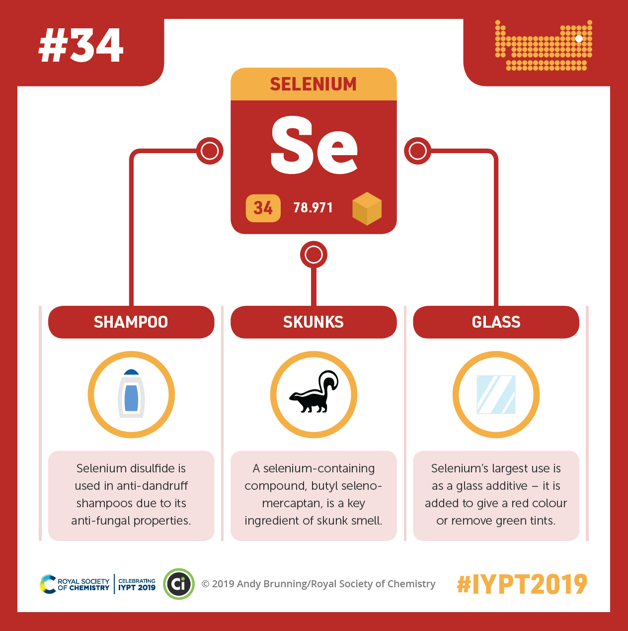 A graphic showing selenium’s symbol “Se”, atomic number, and atomic weight connected by lines to illustrations of a shampoo bottle, a skunk, and a sheet of glass. Selenium is used in antidandruff shampoo for its antifungal properties, found in the smelly spray of skunks, and used in glass to give a red color or remove green tints.