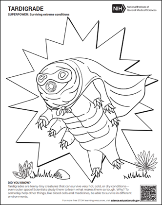 A cartoon drawing of a tardigrade wearing a cape. Text reads: Superpower: Surviving harsh conditions. Did you know? Tardigrades are teeny-tiny creatures that can survive very hot, cold, or dry conditions. Scientists study them to learn new ways for materials, like blood cells, to “survive” in an unnatural condition, like a blood bank.