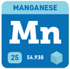 A square showing Manganese’s symbol (Mn), atomic number (25), and atomic weight (54.938). 