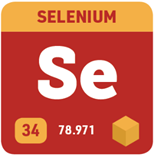 A square showing selenium’s symbol (Se), atomic number (34), and atomic weight (78.971). 