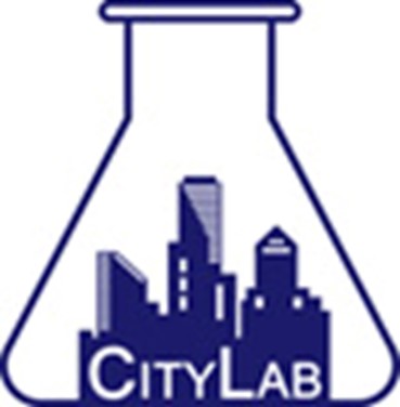 CityLab logo. The name CityLab written over an outline of a city inside an Erlenmeyer flask.