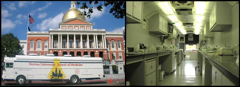 Left, a long bus with the CityLab logo and the name Boston University School of Medicine printed on its side, parked in front of a large building. Right, A long bench with tubes, buckets, safety goggles, and centrifuges.