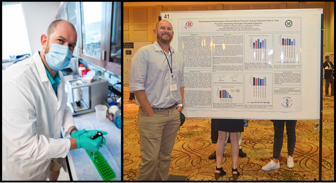 Left image: Perry pipetting in a research lab. Right image: Perry standing next to a large poster.
