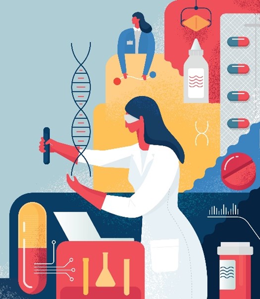 A cartoon graphic of a scientist wearing a lab coat and safety glasses and holding a test tube. A DNA double helix, medicine pills and bottles, and other experimental equipment surround the scientist.