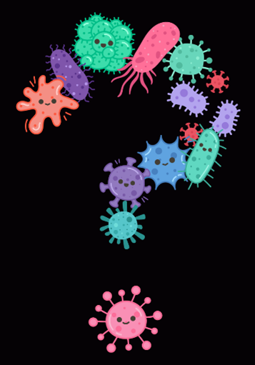 Cartoon microbes with smiley faces forming the shape of a question mark.