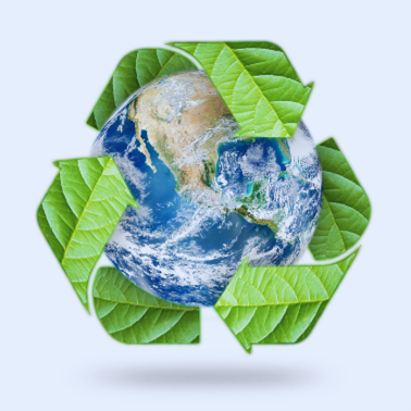 Planet Earth wrapped in three leaves shaped liked arrows, similar to the biodegradable logo.