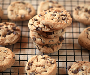 Many chocolate chip cookies on a cooling rack.