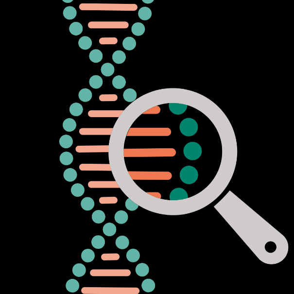 Green circles and orange lines representing a DNA double helix with a magnifying glass zooming in on one section.