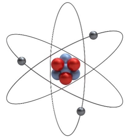 An atom shown as three red and four blue spheres clustered in the center, with three gray spheres each on a gray orbit encircling the cluster.