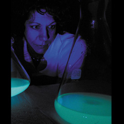 Bonnie Bassler examining a flask of glowing bacteria